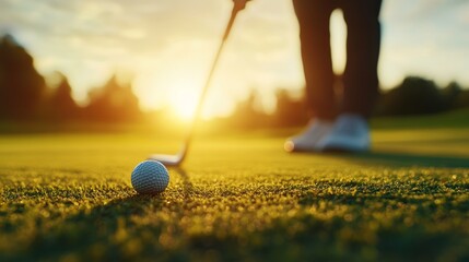 Golfer's putting silhouette blending with grass, golf ball delicately balanced on hole edge, soft sunlight casting a calm atmosphere, Golf double exposure, focus dynamic calm