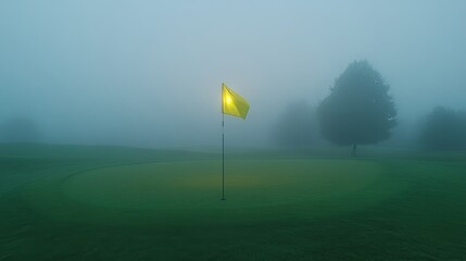 Golf course in dense fog, glowing yellow flag as focal point, misty green grass blending with soft overcast sky, surreal landscape