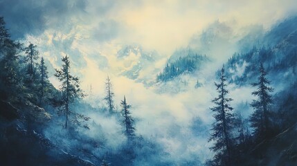 A serene landscape featuring a misty forest scene. Tall evergreen trees rise prominently from the fog-laden ground, their silhouettes dark against the light mist. The background is filled with soft hu