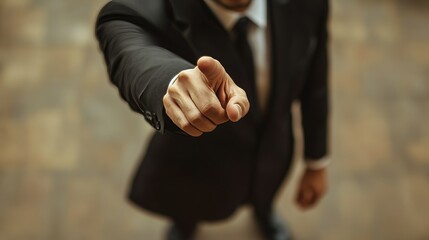 Fototapeta premium Top-down angle of a corporate businessman gesturing with one finger, indicating importance, lots of negative space, soft lighting, realistic hues