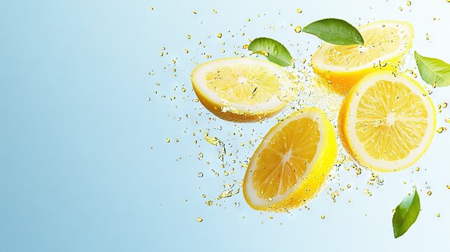   A lemon group with leaves and splashing water on a blue background is the text to be optimized