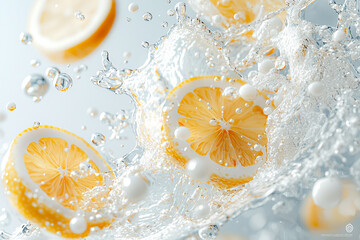 Lemon slices splashing into clear water, creating a refreshing scene of juicy citrus fruit and vibrant yellow liquid