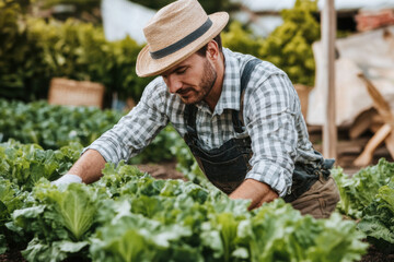 photo of good looking man working in the garden, ironic, Gardener planting seedling of greens, eat pot into soil at vegetable garden. Spring sustainable gardening