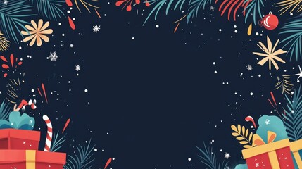 Festive Holiday Frame with Presents, Ornaments, Snowflakes, and Pine Branches on Dark Background