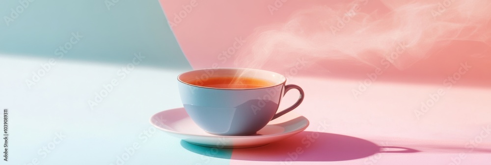 Poster a warm cup of tea with gently rising steam sits elegantly on a saucer, illuminated by soft pastel co