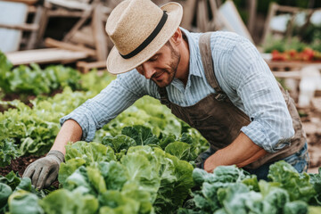 photo of good looking man working in the garden, ironic, Gardener planting seedling of greens, eat pot into soil at vegetable garden. Spring sustainable gardening