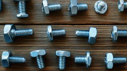 Various Silver Bolts on Wooden Surface