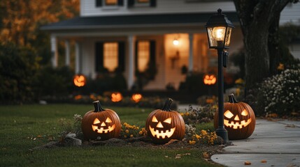 Fototapeta premium Jack-o'-Lanterns Illuminate the Autumn Evening