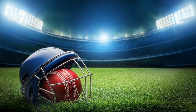 Cricket ball and helmet on the grass under flashlights of the outdoor stadium	