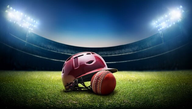Cricket ball and helmet on the grass under flashlights of the outdoor stadium	