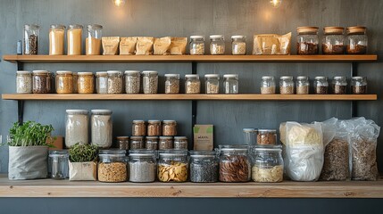 Shelves adorned with sustainable packaging, compostable wraps, and glass containers, natural wood accents, soft ambient lighting, calm and organic atmosphere