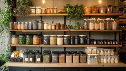 Shelves adorned with sustainable packaging, compostable wraps, and glass containers, natural wood accents, soft ambient lighting, calm and organic atmosphere