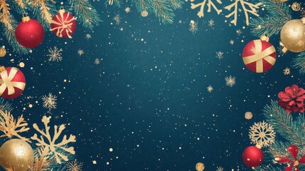 Festive Christmas Border with Ornaments, Snowflakes, and Evergreen Branches on Dark Background