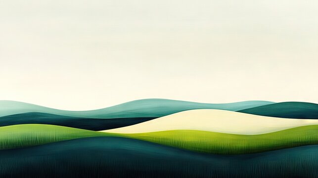   A vibrant green and white landscape painting features rolling hills in the foreground against a backdrop of cerulean skies