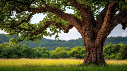 Majestic tree standing tall in a lush green meadow under a clear blue sky.