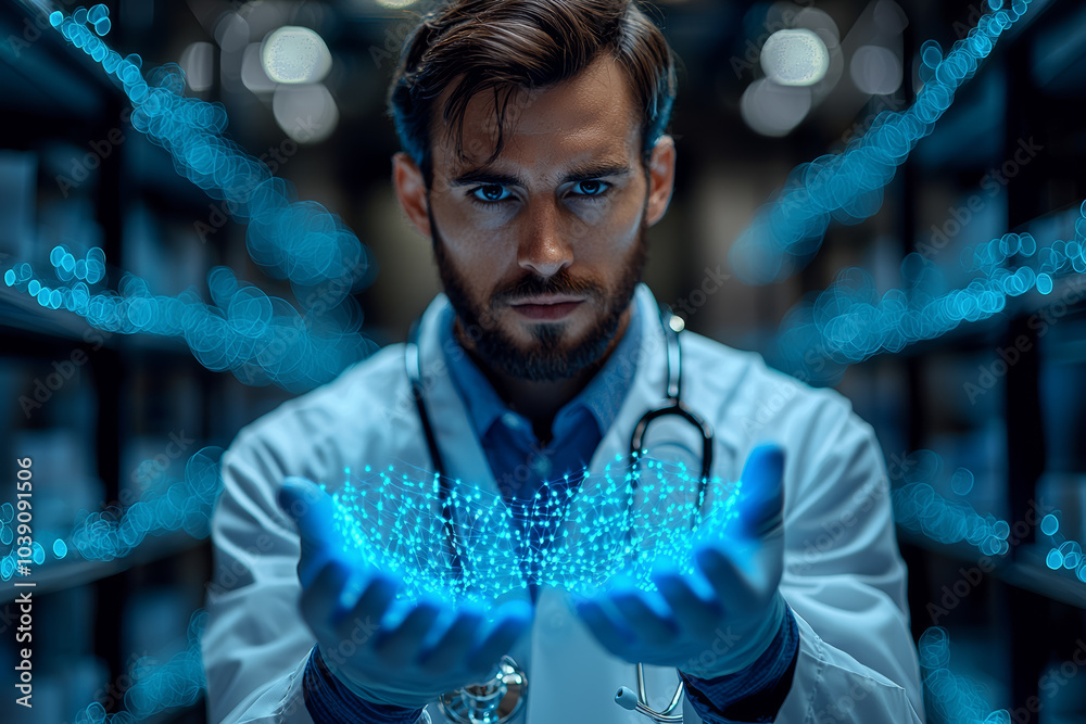 Poster a healthcare provider using blockchain to ensure patient privacy and data integrity, representing bl