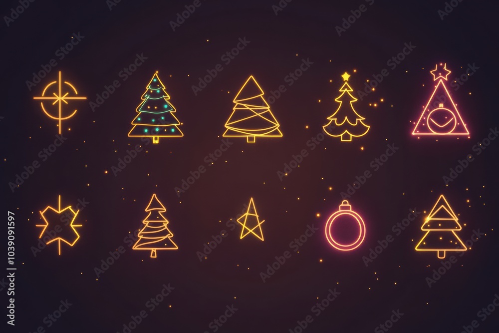 Poster glowing lines form minimalist silhouettes of christmas trees and ornaments against a dark backdrop, 