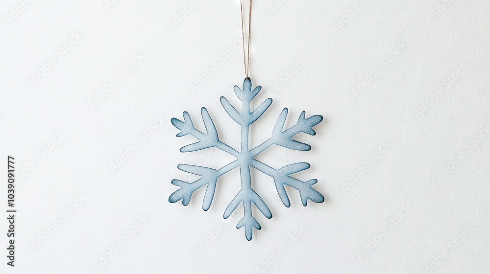 Canvas Prints   A blue snowflake ornament hangs from a string on a white wall in front of a white wall