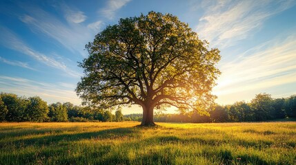 Fototapeta premium Majestic tree standing in a sunlit meadow during a scenic sunset.