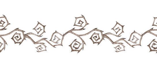 Dry black branches twisted with thorns, horizontal pattern. Halloween watercolor illustration. Spiked and gnarled driftwood isolated from the background. Gothic decorations  autumn and winter design.