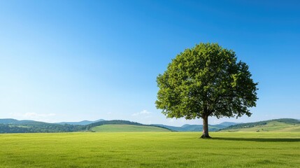 Fototapeta premium Isolated tree on a green field with clear blue sky, ideal for nature concepts.