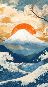 Japanese landscape featuring cherry blossoms, red sun, and Mount Fuji showcasing nature's beauty