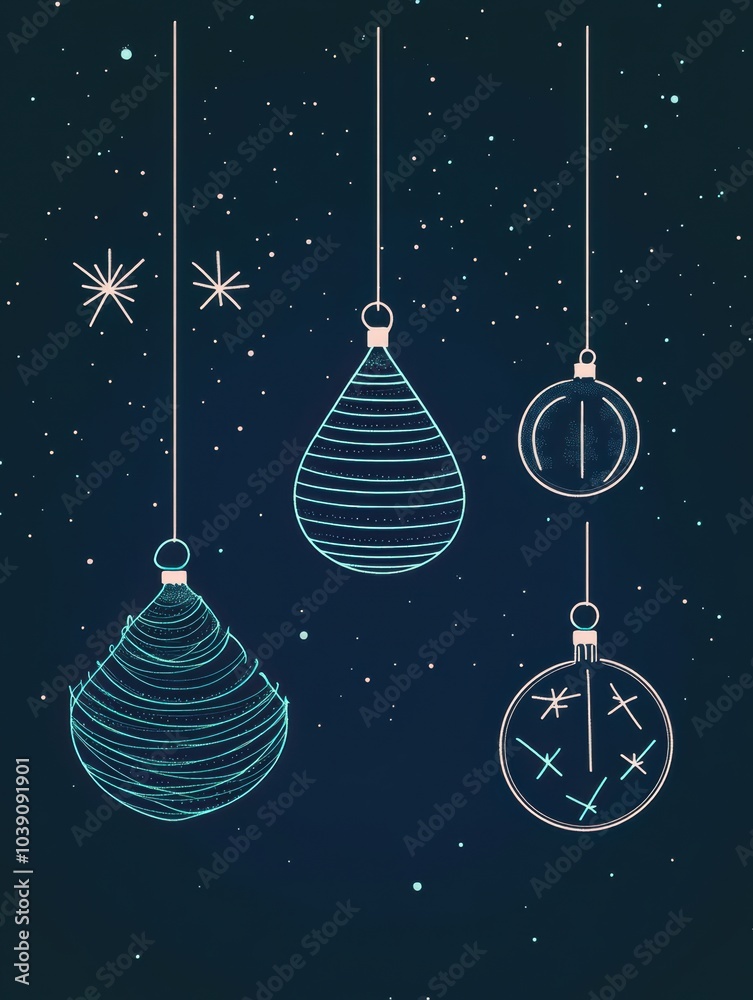 Poster glowing outlines of christmas trees and ornaments hang against a dark backdrop, creating a minimalis