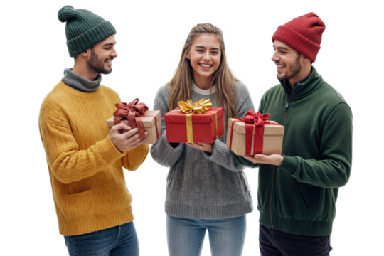 Amigos celebrando o Natal com alegria! Um grupo diverso de jovens sorrindo e trocando presentes, em um fundo transparente