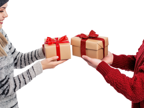 Jovens trocando presentes de Natal, em um fundo transparente