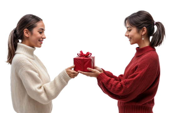 Amigos celebrando o Natal com alegria! Um grupo diverso de jovens sorrindo e trocando presentes, em um fundo transparente