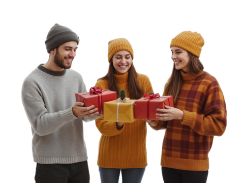 Amigos celebrando o Natal com alegria! Um grupo diverso de jovens sorrindo e trocando presentes, em um fundo transparente