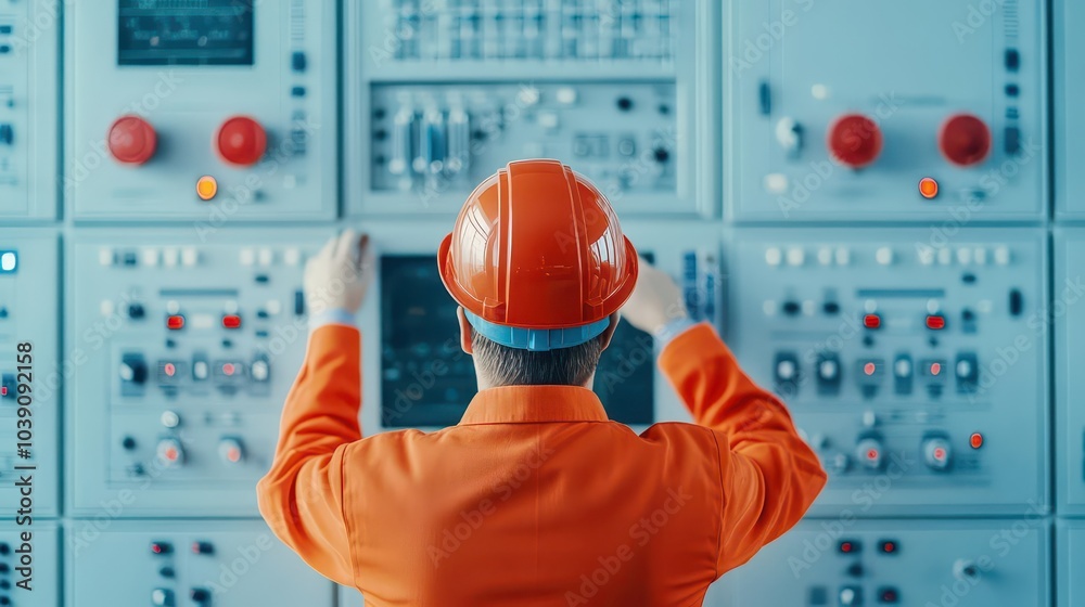 Poster worker monitoring control panel, overseeing fuel processing operations