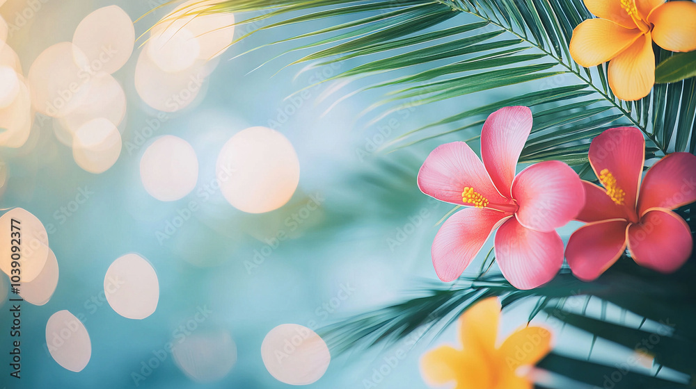 Wall mural   A close-up of a flower on a palm tree with blurred background lights