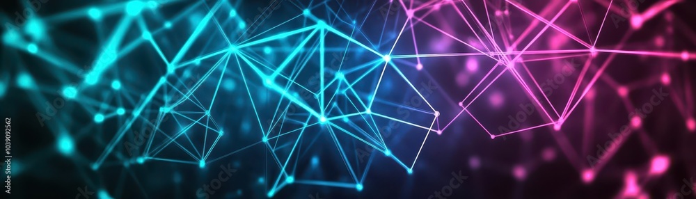 Leinwandbilder neon triangles and hexagons forming an intricate web, glowing in cyan and fuchsia against a dark bac