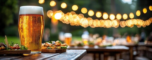 A pint of beer sits beside assorted appetizers on a festive outdoor table.