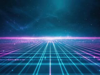 Neon grid pattern stretching into the distance, with vibrant cyan and purple lights fading into infinity, 3D effect, scifi inspired