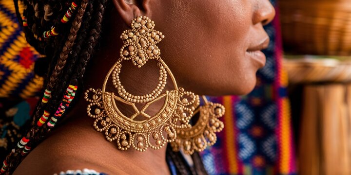  A close-up of gold earrings worn by a Fulani woman, showcasing the intricate and traditional jewelry design that holds cultural significance for the Fulani people across West Africa.