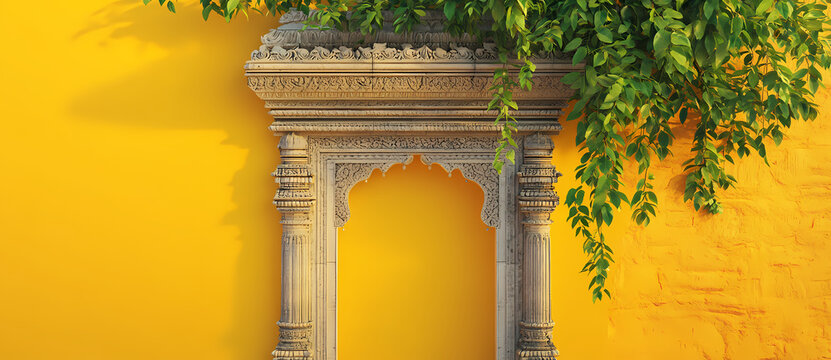  3D render of an Indian temple entrance on a yellow background, 2D illustration, 80s style, minimalistic design, vector art, high resolution, with empty space for text or logo, product ph  AI Editing.