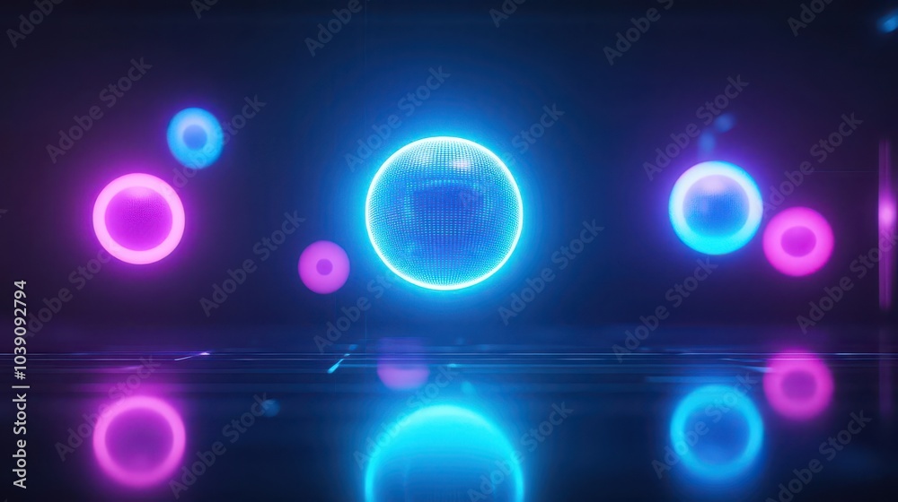 Poster floating neon spheres, each glowing with soft blue and purple light, hovering in dark space with sub