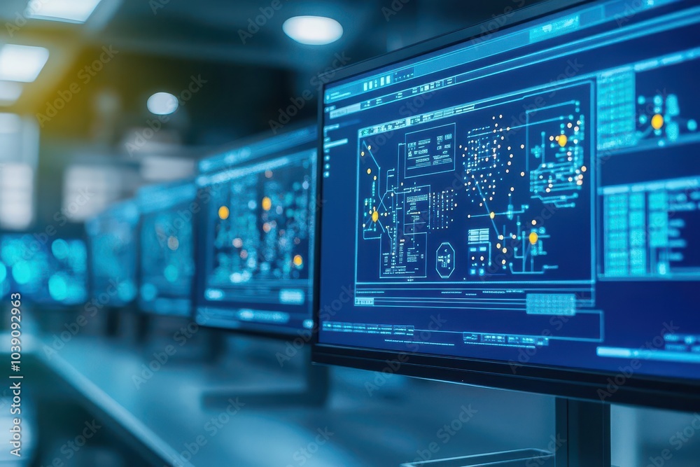 Poster control room with monitors displaying fuel processing data, modern technology