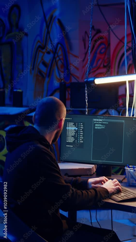 Aufkleber vertical video hacker in underground warehouse writing lines of code on computer screen to make malw