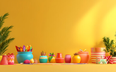 Naklejka premium 3D rendering of a happy Pongal festival background with a colorful clay pot and gift box on a yellow table, an Indian traditional celebration banner template for Pongal, a popular harvest festival in