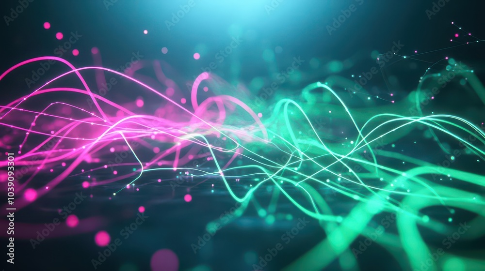 Poster a network of glowing neon fibers intertwining, casting a soft light in green and pink shades, abstra