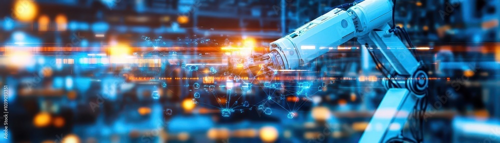 Fototapete A fully automated factory floor where robots and humans work together under a network of interconnected digital systems Front view Emphasizing automation in industry Cybernetic ton