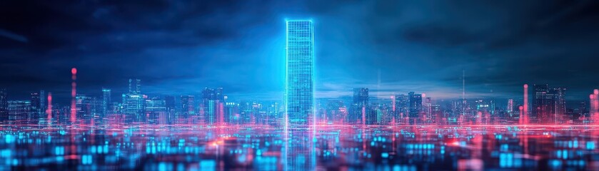 Fototapeta premium A futuristic city skyline with one towering building standing out, symbolizing corporate success, cyberpunk, neon blue accents