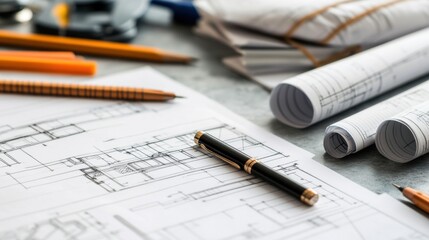 Detailed architectural plans and drafting tools on a workspace.