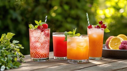 Colorful cocktails on a table with fresh fruits and greenery in the background.