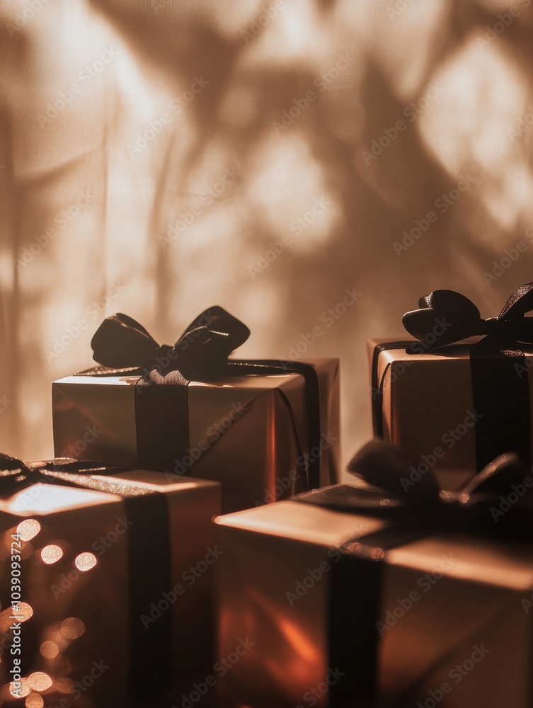 Canvas Prints Silhouettes of beautifully wrapped gift boxes with bows create a captivating and festive ambiance against a gentle light backdrop. Generative AI