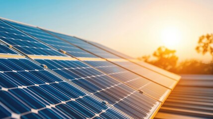 Solar panels reflecting sunlight on a rooftop during sunrise.