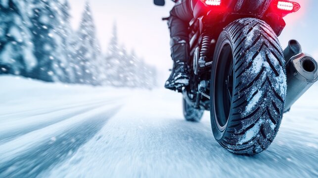 intense winter motorcycle ride on snowy road